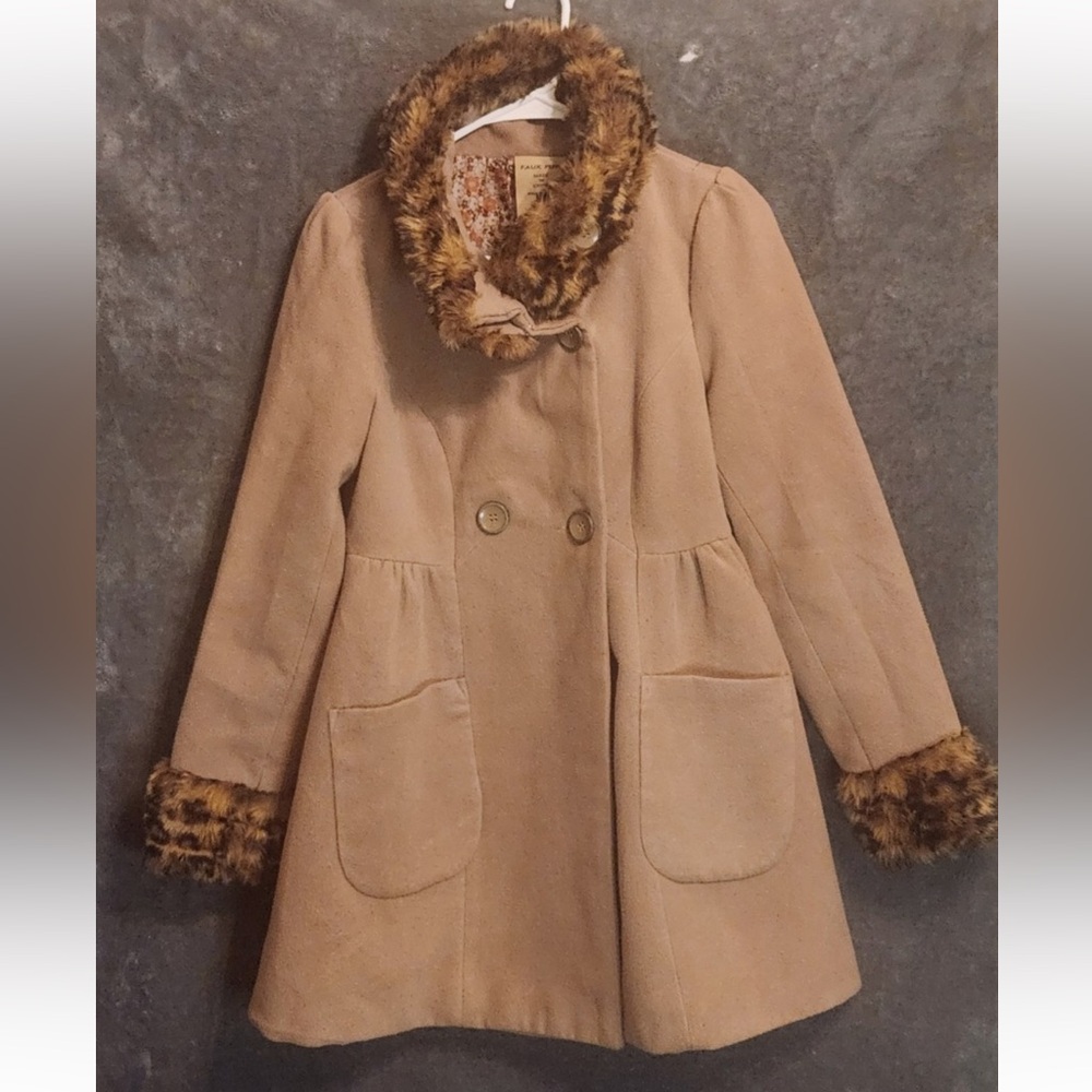 Jou Jou Camel Pea Coat with Leopard Faux Fur Accents - Picture 2 of 10